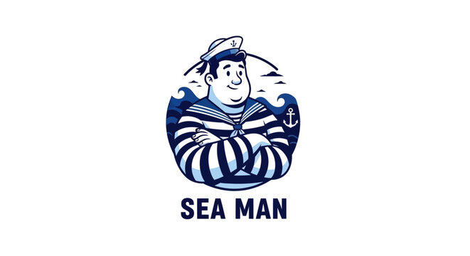 Friendly sailor mascot character in striped shirt with sea waves