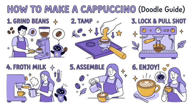 Hand drawn doodle vector illustration of a coffee brewing set and instructional guide showing a barista grinding beans, tamping, and frothing milk for a delicious cappuccino espresso preparation.