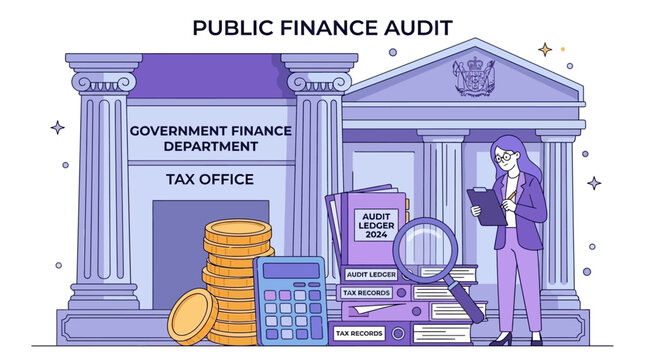 Flat vector illustration featuring a digital calculator and gold coin placed before a majestic government building with columns, symbolizing public audit, taxation, and state budget oversight.