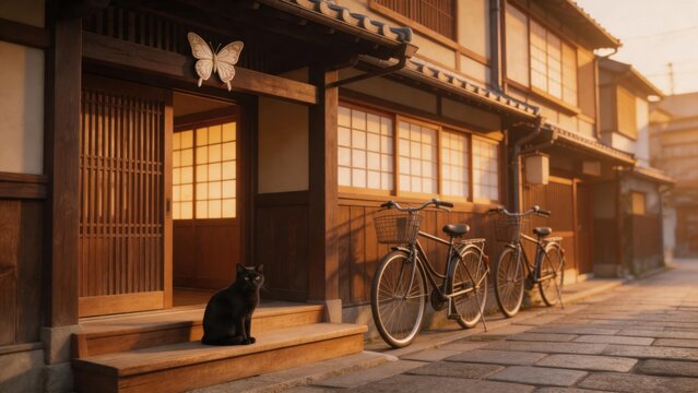 Black cat on steps near bicycles