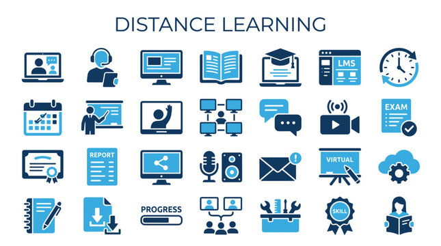 Distance learning icons set representing online education, virtual classrooms, and digital study tools for remote education and e-learning concepts