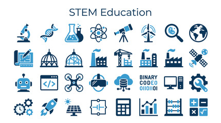 STEM Education Icons Representing Science Technology Engineering Mathematics Concepts and Innovation © Iconique Studio