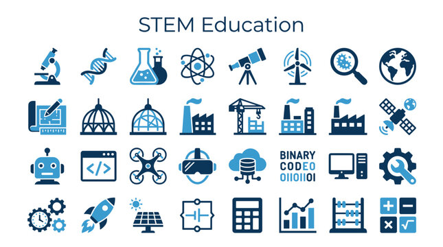 STEM Education Icons Representing Science Technology Engineering Mathematics Concepts and Innovation