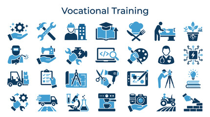 Fototapeta premium Vocational training and skilled trades illustration with diverse career icons representing education, construction, mechanics, and professional development