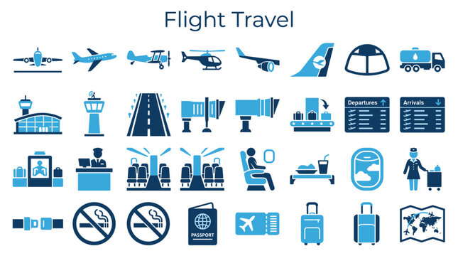Collection of flight travel icons depicting airplanes airport terminal jet bridge passengers luggage and world map for aviation and tourism concepts