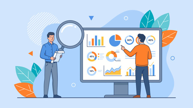 Business analysts review data dashboards and analytics visuals on a large monitor, focusing on charts, graphs, and infographics