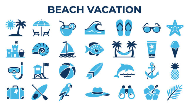 Beach Vacation Icons Set Summer Holiday Symbols Tropical Travel Elements Collection