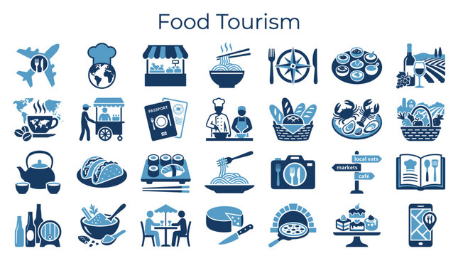 Food Tourism Icons Set Gastronomy Travel Destinations Culinary Experiences International Cuisine and Local Delicacies