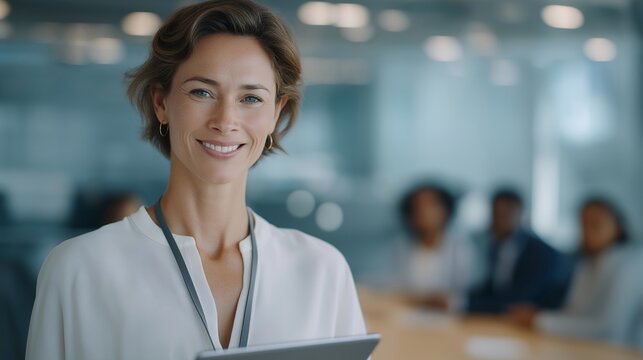 An enterprise IT manager in a glass-walled meeting room presents a mobile device management policy slide to a small multicultural team, badges clipped to lanyards, tablets in hand, perfect for MDM,