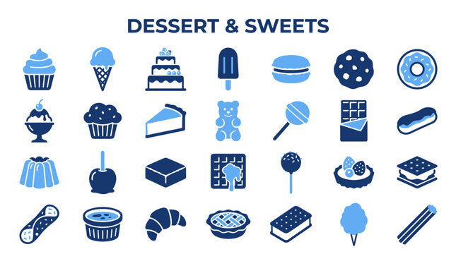 Assortment of delicious dessert and sweet icons in blue and white color palette, perfect for food blogs, bakeries, and culinary themes.