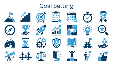 Fototapeta premium Goal setting success strategy business concept icons with elements like mountains targets stairs calendar stopwatch and trophies representing achievement and progress