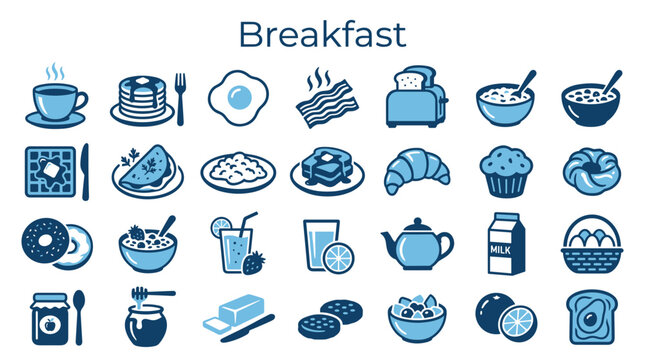 Healthy breakfast icons set featuring food and drinks like coffee pancakes eggs bacon toast cereal croissant muffin donut juice milk eggs jam butter cookies fruit and avocado on white background