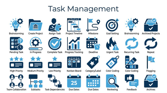 Task Management Icons Set for Project Planning and Workflow Organization Business Strategy