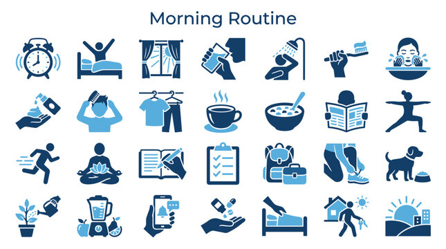 Morning routine icons collection representing daily activities like waking up hygiene exercise breakfast and work-life balance concepts in a clean blue color palette