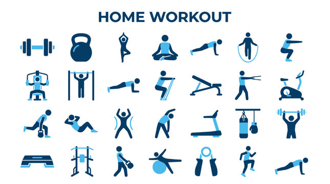 Collection of home workout icons and illustrations representing various exercises and fitness equipment for a healthy lifestyle and physical activity at home