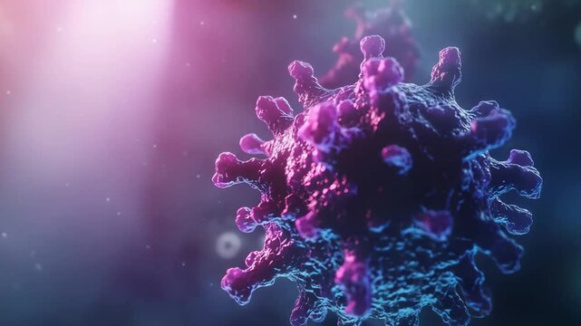 Microscopic virus structures float and multiply within a detailed scientific environment, creating a visual representation of viral infection and genetic replication at a cellular level