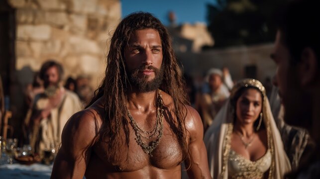 Samson stands among the Philistines at a feast, showing how desire and compromise can pull even the strong away from God&rsquo;s path and lead toward hidden downfall
