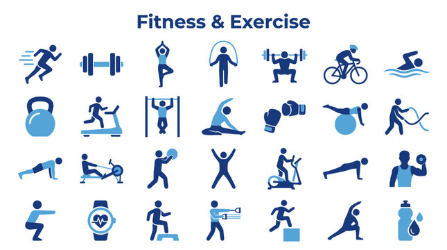 Fitness and Exercise Icons Collection Healthy Lifestyle Activities and Sports Symbols Flat Design Blue Tones on White Background