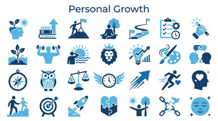 Fototapeta premium Personal growth icons representing success career development self improvement and achieving goals with symbols of knowledge skills and determination