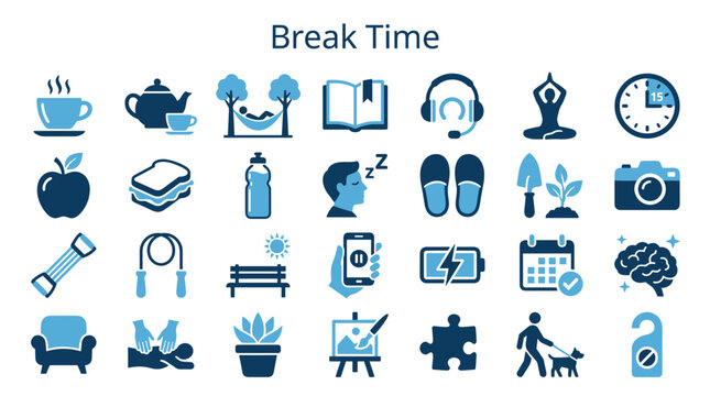Relaxation and Recreation Icons Representing Break Time Activities and Healthy Lifestyle Choices