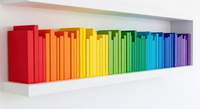 Colorful vertical bookshelf with rainbow folders
