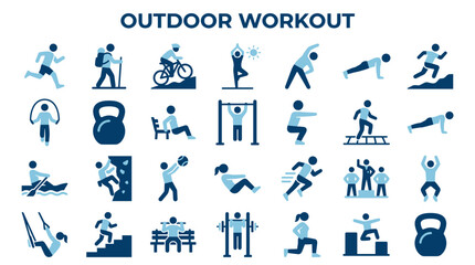 Fototapeta premium Collection of outdoor workout icons and illustrations representing various fitness activities and sports for a healthy lifestyle concept