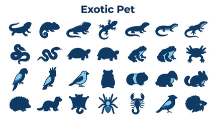 Fototapeta premium Collection of exotic pet silhouettes including reptiles birds mammals and insects represented in a clean graphic style