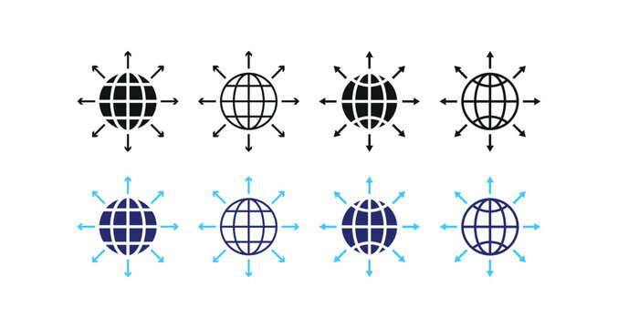 worldwide distribution symbol. international network  design. globe with eight arrows pointing outwards. Globe line symbol with arrows
