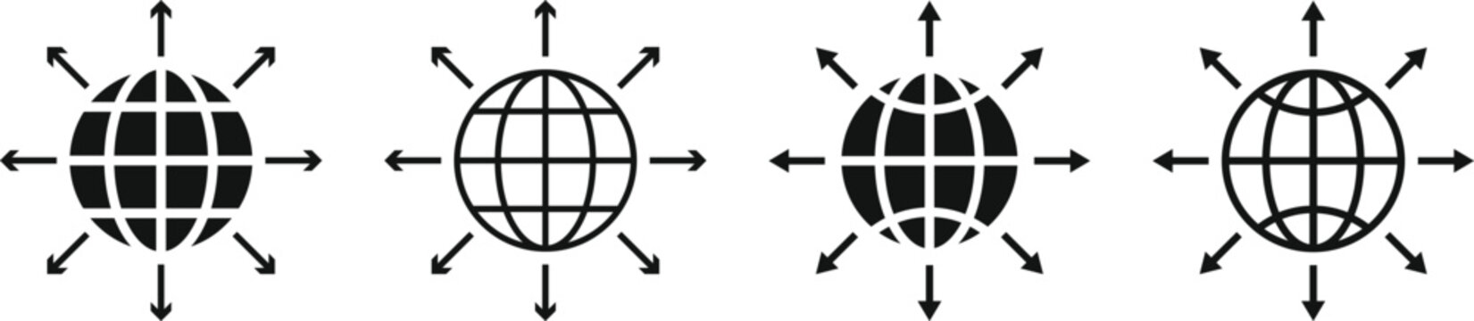 worldwide distribution symbol. international network  design. globe with eight arrows pointing outwards. Globe line symbol with arrows
