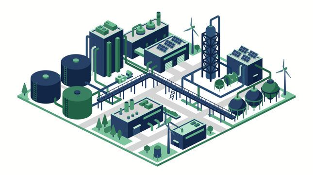 Isometric Modern Industrial Factory Illustration with Renewable Energy, Solar Panels, and Wind Turbines.