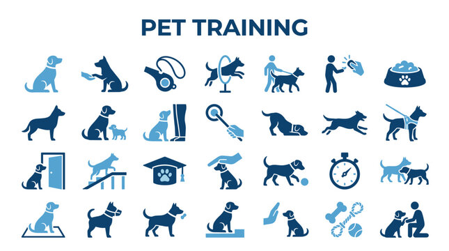 Diverse collection of dog training icons and illustrations representing obedience commands and pet care activities