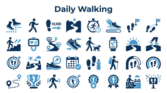 Daily walking icons set for health and fitness tracking with steps, distance, time, and achievements