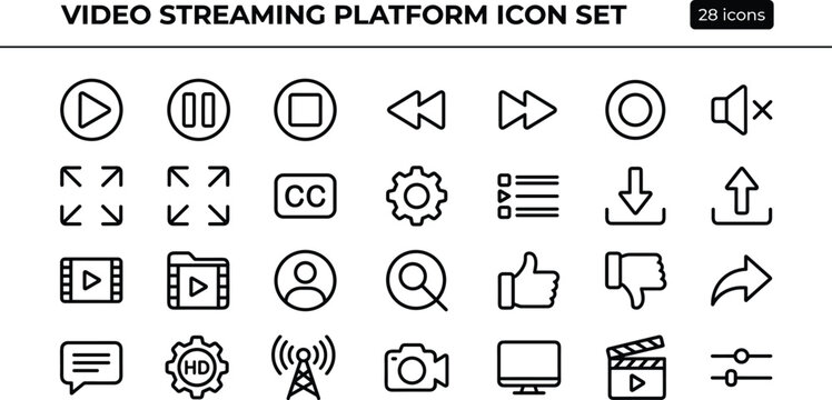 Video Streaming Platform Line Icon Set With Media Player Controls Upload Download And Entertainment Interface Symbols