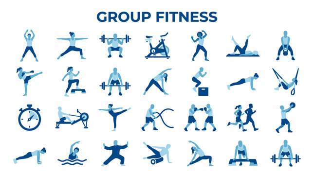 Group fitness and exercise icons representing a healthy active lifestyle with diverse sports and training activities for a wellness concept