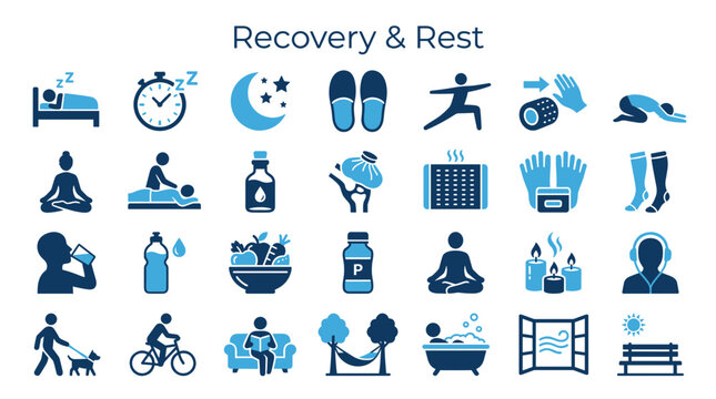 Collection of icons representing recovery rest relaxation and healthy lifestyle activities including sleep meditation yoga and outdoor pursuits