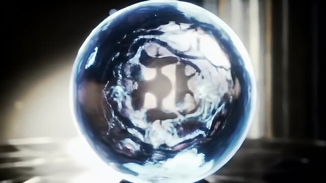 Glowing, orb-shaped structure, dark liquid swirls within, set against a dim backdrop