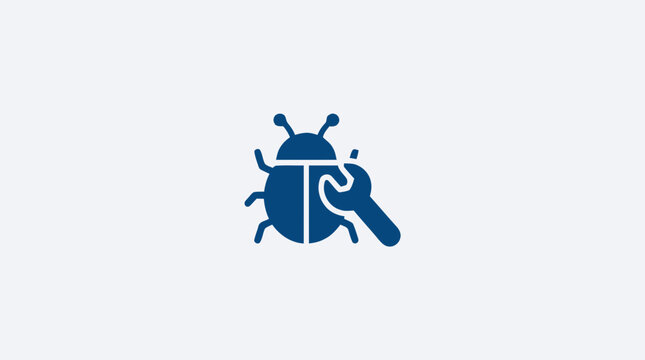Blue bug with wrench logo icon.