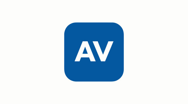 Blue AV logo on square background.
