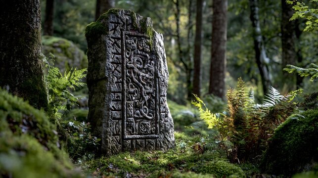 Ancient Rune Stone Carved with Symbols in a Lush Green Forest.