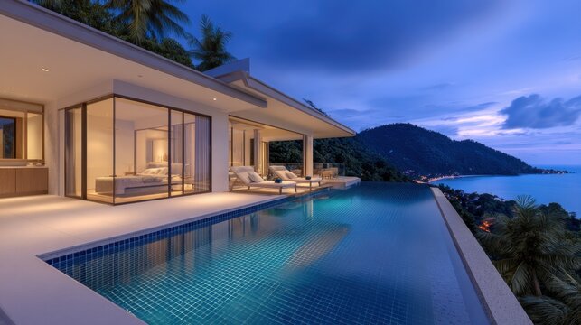 Modern villa with infinity pool overlooking a serene coastline during twilight ambiance