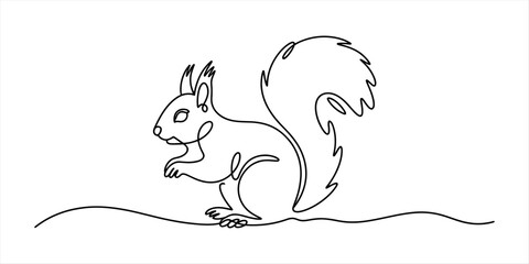 Minimalist continuous single line drawing of a cute squirrel sitting and looking forward representing simple wildlife art for modern home wall decor design Vector, illustration © Ratna Art_Gallery