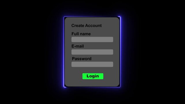 Futuristic Create Account and Login User Interface Animation on Black Background.