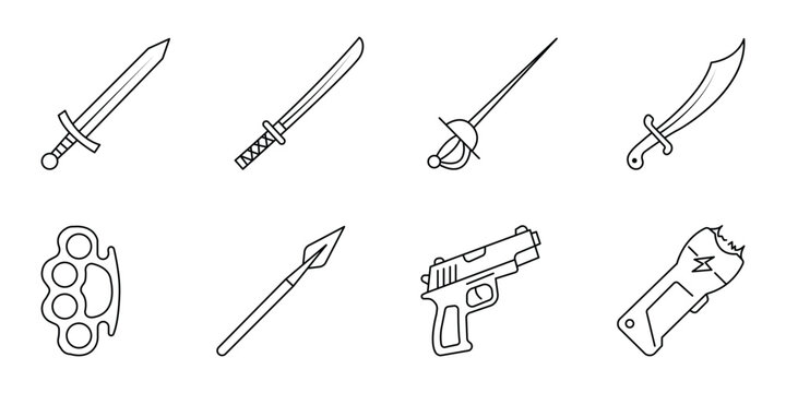 Weapons and defense gear linear icons set showing shield, brass knuckles, handcuffs, dynamite and bullet.