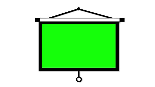 A manual projection screen pulls down to reveal a green screen chroma key surface and then retracts on a white background.