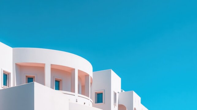 A modern architectural structure featuring clean lines and a bright blue sky backdrop