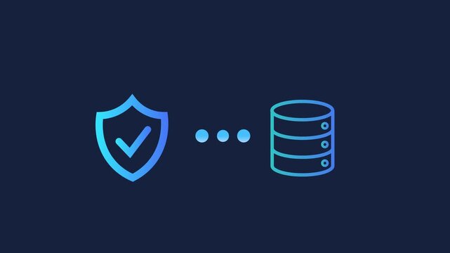 Animated motion graphics showing a security shield icon connecting to a database icon via pulsing dots. Concept of secure data storage, protected information, and cyber defense on dark blue.