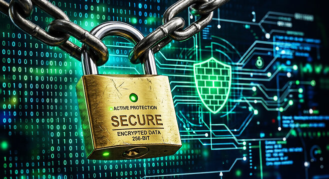 Cyber Security Padlock with Chain on Digital Binary Background, Data Protection and Encryption Technology Concept, Network Security, Information Privacy and Secure Access System