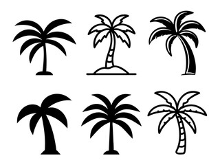 Fototapeta premium Tropical Palm Tree Silhouettes set. Various styles of palm tree icons, including solid black silhouettes and linear designs for summer or travel themes