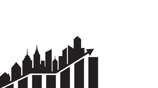 Black silhouette of city skyline combined with an upward growing bar chart.