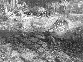Fototapeta premium Circle street lights in the dark background, vintage lamps, Pencil drawn sketchy draft illustration